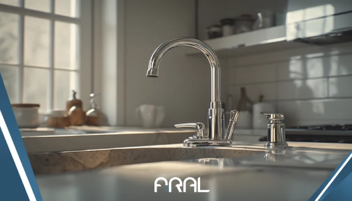 نمای آشپزخانه و سرویس بهداشتی مدرن با شیرآلات کروم و سفید، نمایش ظرافت، پاکیزگی و طراحی مینیمال